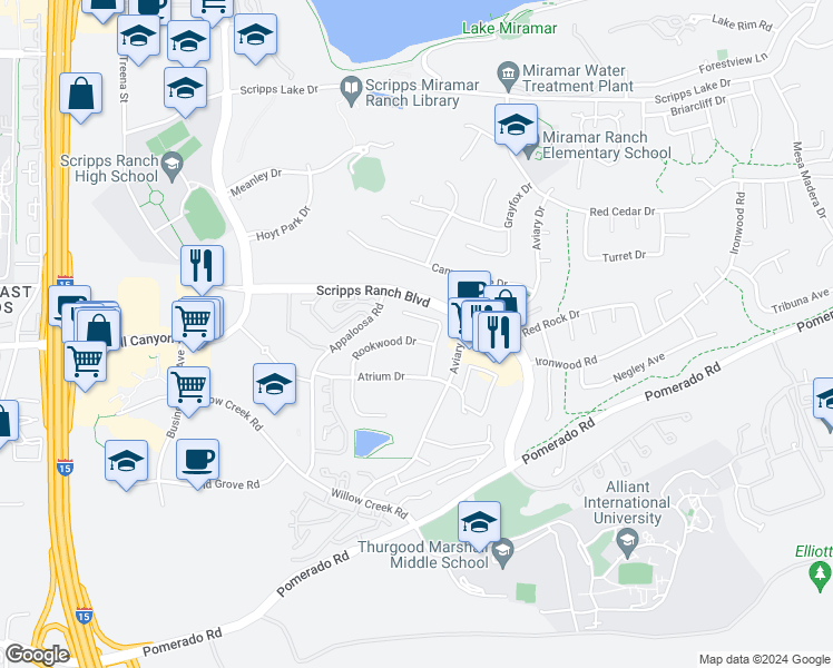map of restaurants, bars, coffee shops, grocery stores, and more near 10697 Arboretum Place in San Diego