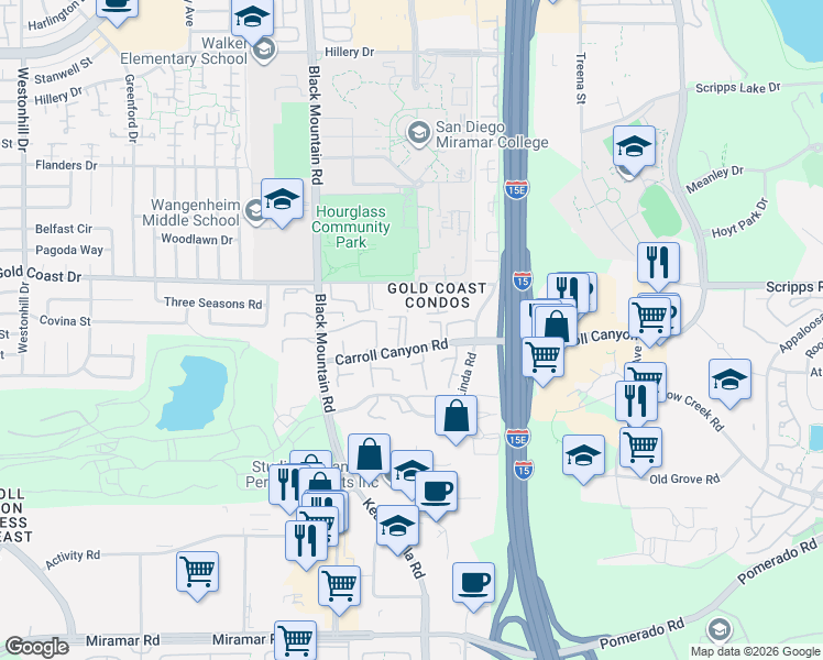 map of restaurants, bars, coffee shops, grocery stores, and more near 9589 Gold Coast Drive in San Diego