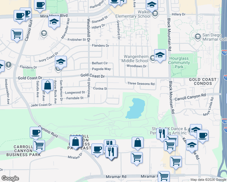 map of restaurants, bars, coffee shops, grocery stores, and more near 8945 Covina Street in San Diego