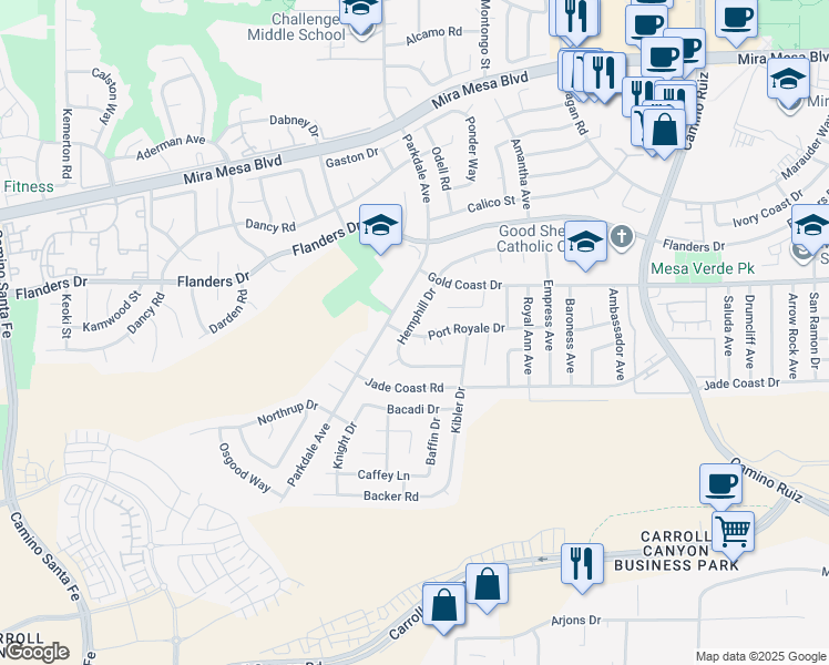 map of restaurants, bars, coffee shops, grocery stores, and more near 10262 Kaiser Place in San Diego