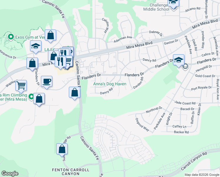map of restaurants, bars, coffee shops, grocery stores, and more near 7391 Kamwood Street in San Diego