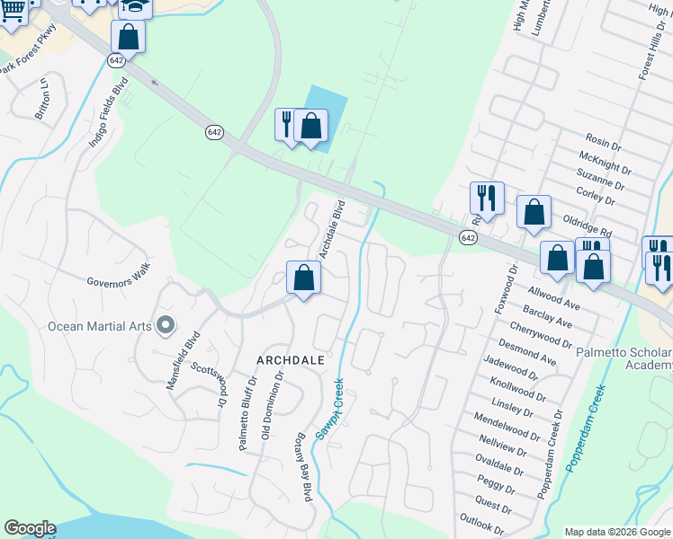 map of restaurants, bars, coffee shops, grocery stores, and more near 108 Laurel Ridge Road in North Charleston