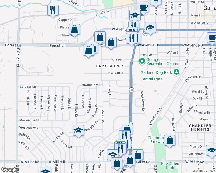 map of restaurants, bars, coffee shops, grocery stores, and more near 1002 Marion Drive in Garland