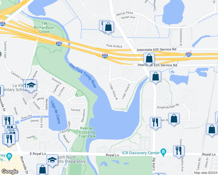 map of restaurants, bars, coffee shops, grocery stores, and more near 11601 Lago Vista West in Farmers Branch