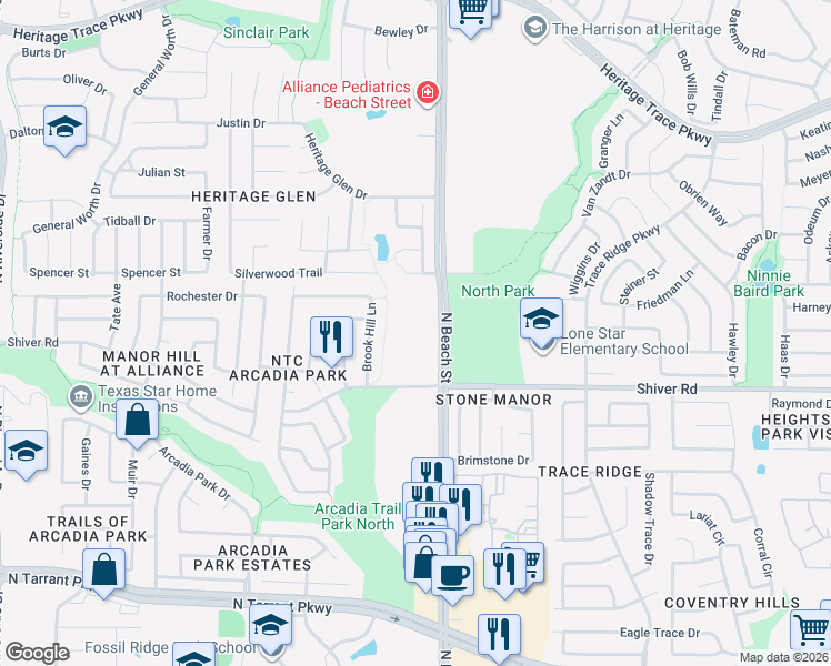 map of restaurants, bars, coffee shops, grocery stores, and more near 8901 North Beach Street in Fort Worth