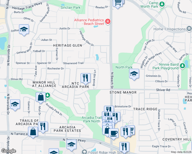 map of restaurants, bars, coffee shops, grocery stores, and more near 9036 Brook Hill Lane in Fort Worth