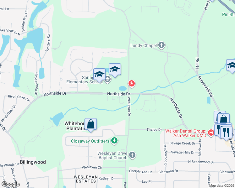 map of restaurants, bars, coffee shops, grocery stores, and more near 100 Braxton Drive in Macon