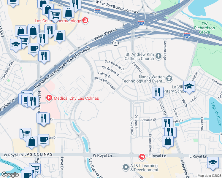 map of restaurants, bars, coffee shops, grocery stores, and more near 8 Paluxy Drive in Irving