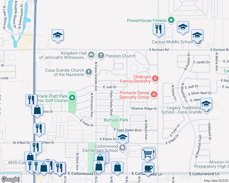 map of restaurants, bars, coffee shops, grocery stores, and more near 620 East Silver Reef Road in Casa Grande