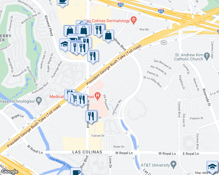 map of restaurants, bars, coffee shops, grocery stores, and more near 657 Courtyard Lane in Irving