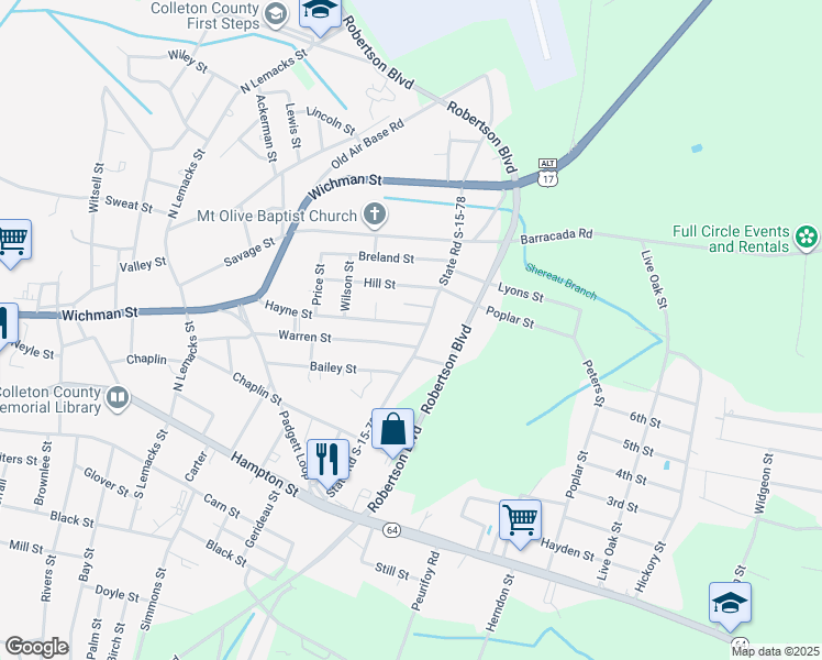 map of restaurants, bars, coffee shops, grocery stores, and more near 401 State Road S-15-78 in Walterboro