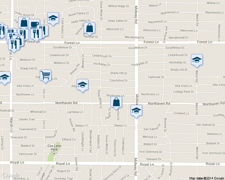 map of restaurants, bars, coffee shops, grocery stores, and more near 4044 Alta Vista Lane in Dallas