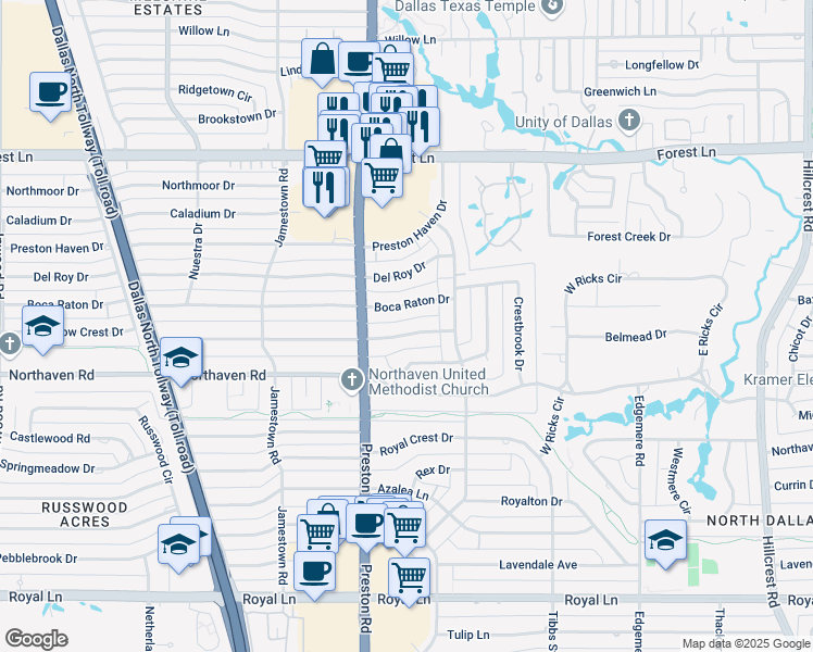 map of restaurants, bars, coffee shops, grocery stores, and more near 6043 Meadow Crest Drive in Dallas