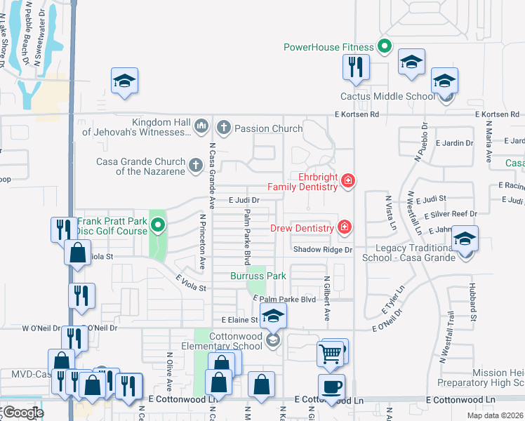 map of restaurants, bars, coffee shops, grocery stores, and more near 620 East Silver Reef Road in Casa Grande
