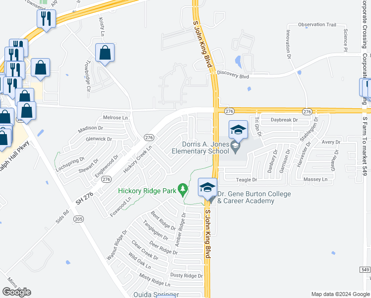 map of restaurants, bars, coffee shops, grocery stores, and more near 1699 Wildrose Drive in Rockwall