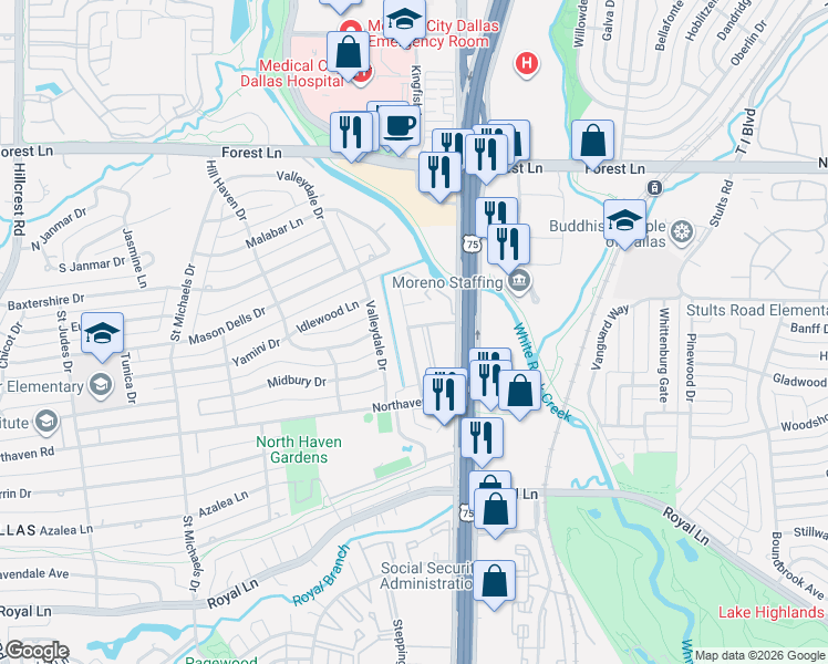 map of restaurants, bars, coffee shops, grocery stores, and more near 11312 Park Central Place in Dallas