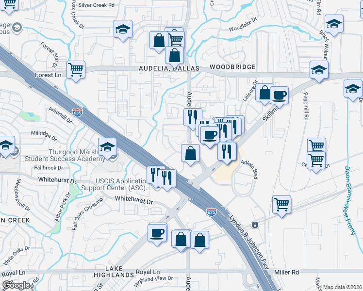 map of restaurants, bars, coffee shops, grocery stores, and more near 11311 Audelia Road in Dallas