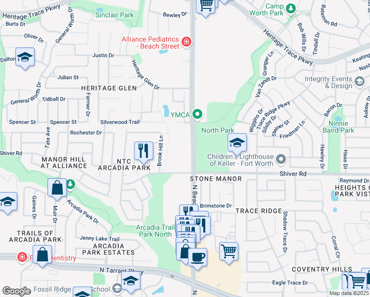 map of restaurants, bars, coffee shops, grocery stores, and more near 9001 North Beach Street in Fort Worth