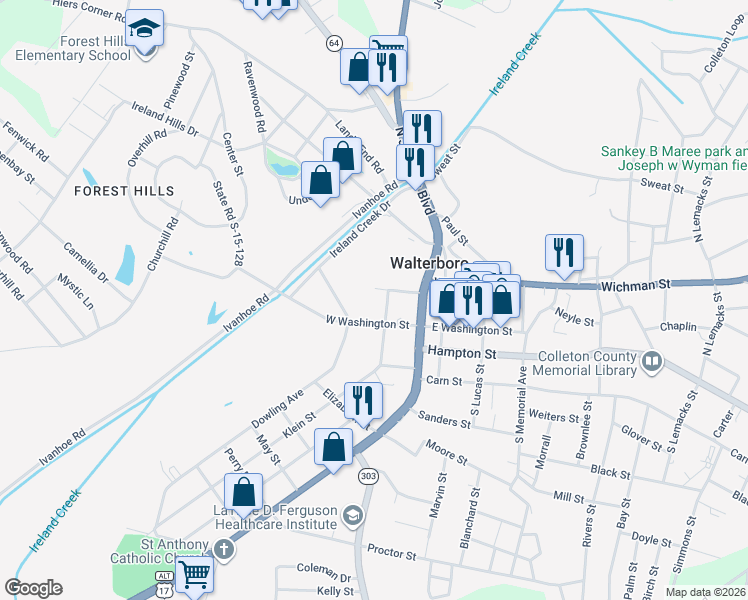 map of restaurants, bars, coffee shops, grocery stores, and more near 31 Klein Street in Walterboro