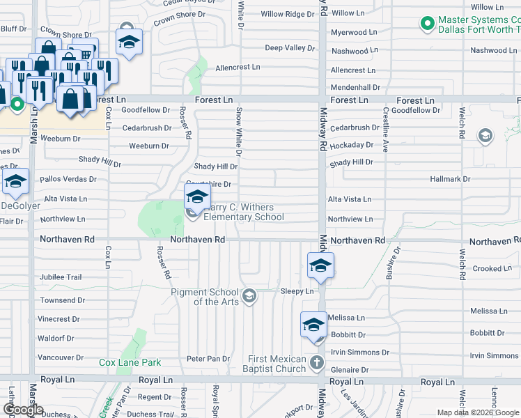 map of restaurants, bars, coffee shops, grocery stores, and more near 4044 Alta Vista Lane in Dallas
