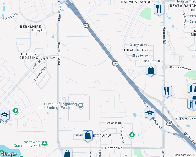 map of restaurants, bars, coffee shops, grocery stores, and more near 1201 Timberhurst Trail in Fort Worth