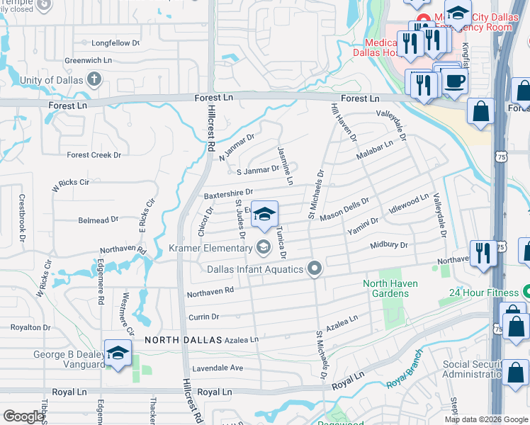 map of restaurants, bars, coffee shops, grocery stores, and more near 7140 Eudora Drive in Dallas