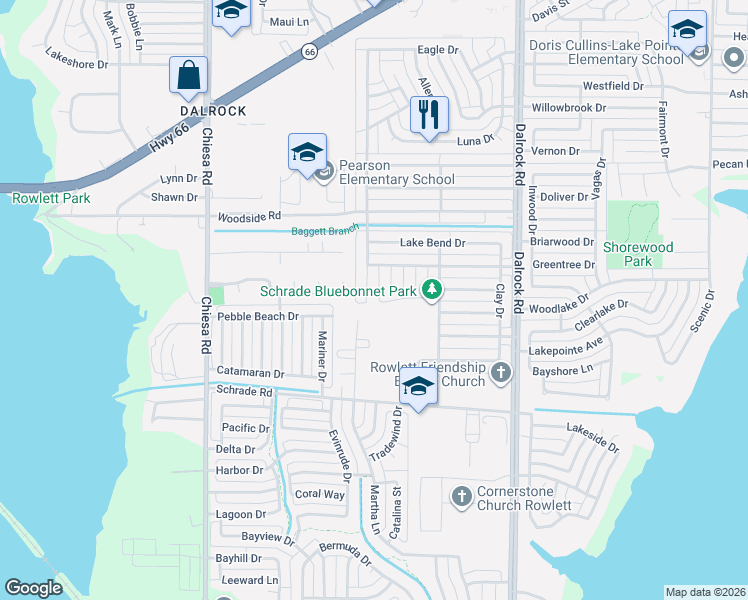 map of restaurants, bars, coffee shops, grocery stores, and more near 4801 Wills Court in Rowlett