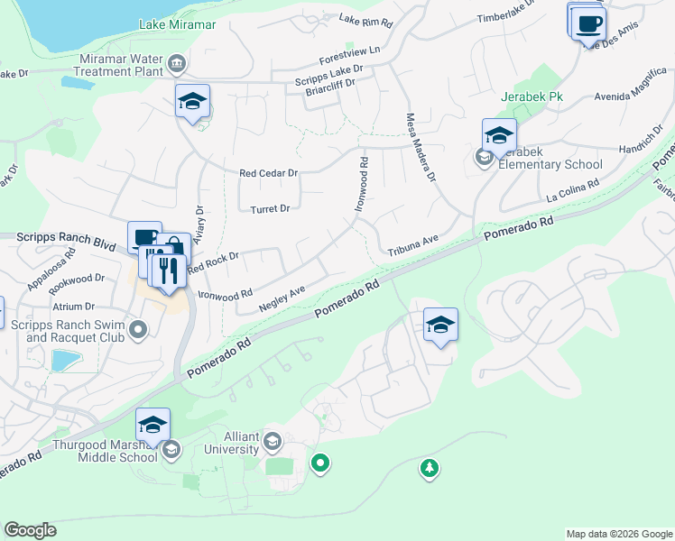 map of restaurants, bars, coffee shops, grocery stores, and more near 11150 Negley Avenue in San Diego