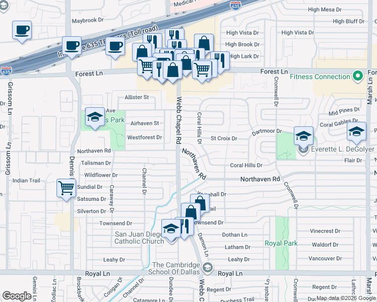 map of restaurants, bars, coffee shops, grocery stores, and more near 3173 Northaven Road in Dallas