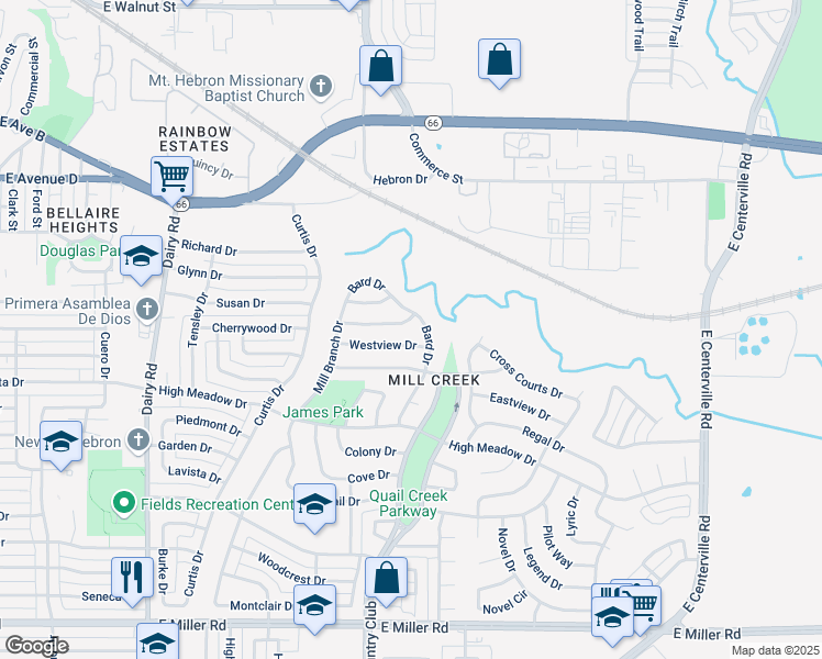 map of restaurants, bars, coffee shops, grocery stores, and more near 1366 Mill Wood Ln in Garland
