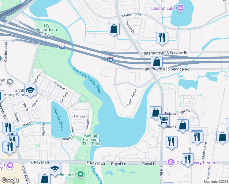 map of restaurants, bars, coffee shops, grocery stores, and more near 11601 Lago Vista West in Farmers Branch