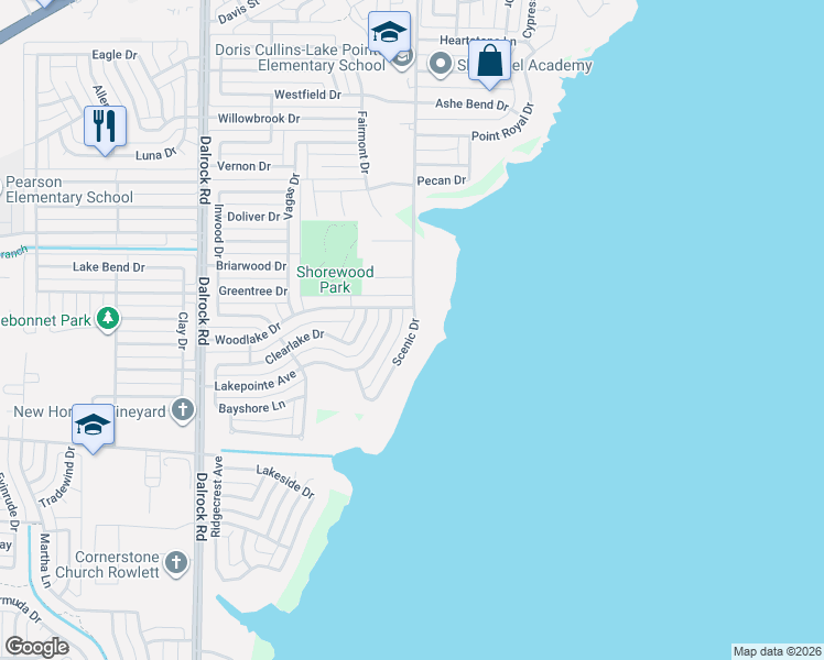 map of restaurants, bars, coffee shops, grocery stores, and more near 4609 Scenic Drive in Rowlett