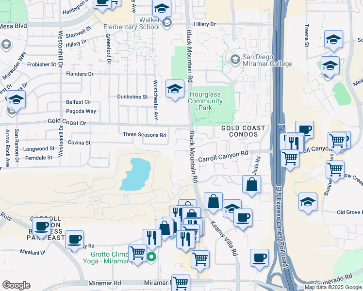 map of restaurants, bars, coffee shops, grocery stores, and more near 10258 Black Mountain Road in San Diego