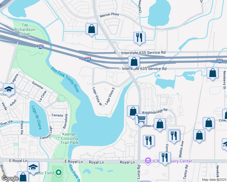 map of restaurants, bars, coffee shops, grocery stores, and more near 119 Lago Vista East in Farmers Branch