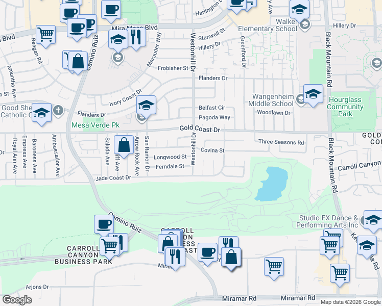 map of restaurants, bars, coffee shops, grocery stores, and more near 8708 Longwood Street in San Diego