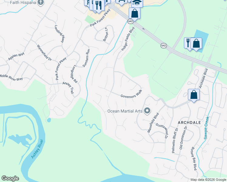 map of restaurants, bars, coffee shops, grocery stores, and more near 8300 Governors Walk in Charleston