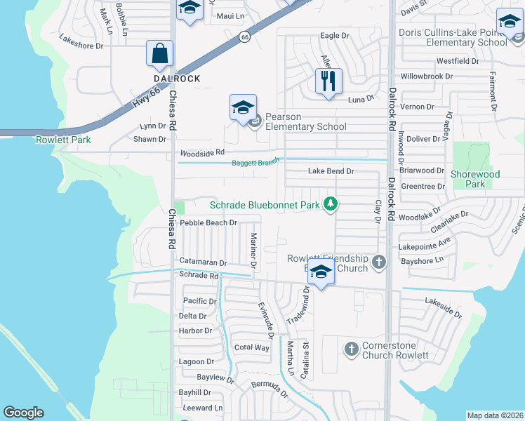 map of restaurants, bars, coffee shops, grocery stores, and more near 7806 Lindsey Drive in Rowlett