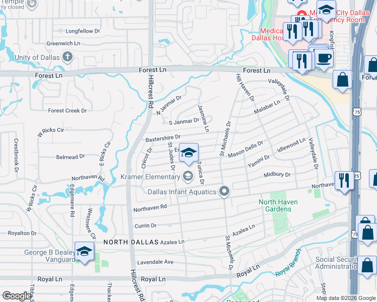 map of restaurants, bars, coffee shops, grocery stores, and more near 7140 Eudora Drive in Dallas