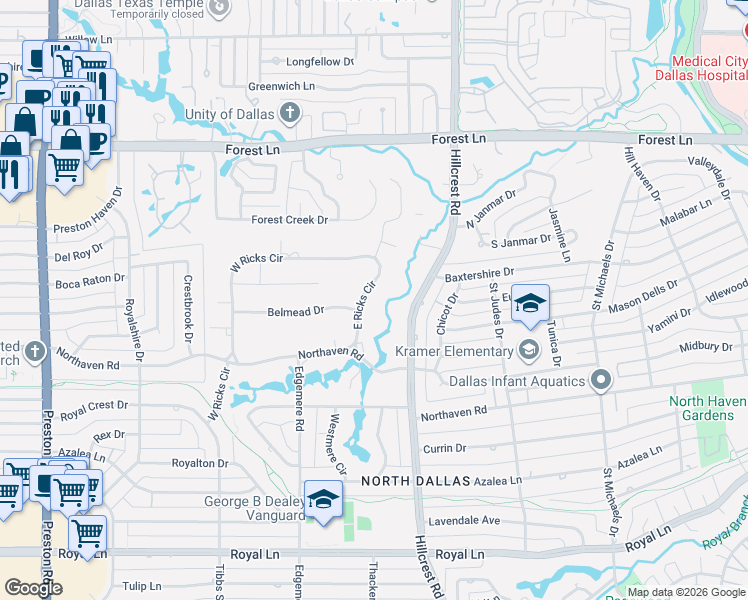 map of restaurants, bars, coffee shops, grocery stores, and more near 11421 East Ricks Circle in Dallas