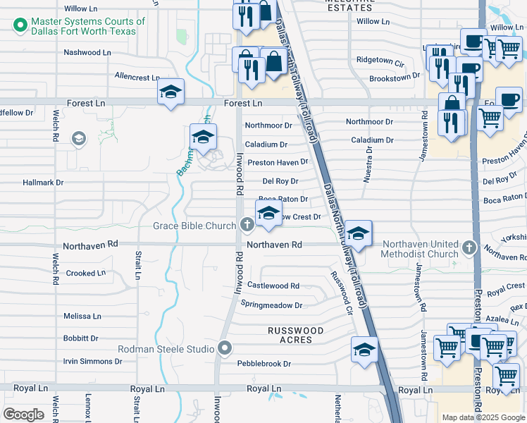 map of restaurants, bars, coffee shops, grocery stores, and more near 5225 Meadow Crest Drive in Dallas