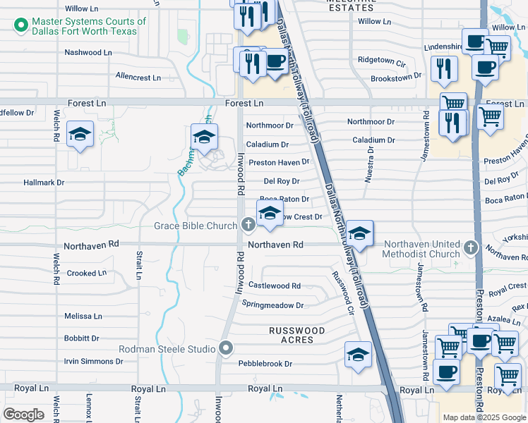 map of restaurants, bars, coffee shops, grocery stores, and more near 5225 Meadow Crest Drive in Dallas
