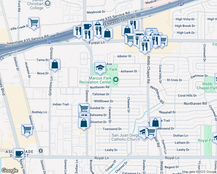 map of restaurants, bars, coffee shops, grocery stores, and more near 3006 Northaven Road in Dallas