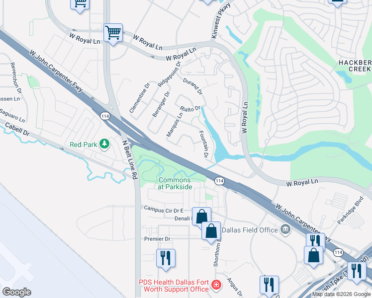 map of restaurants, bars, coffee shops, grocery stores, and more near 98 Marquis Lane in Irving