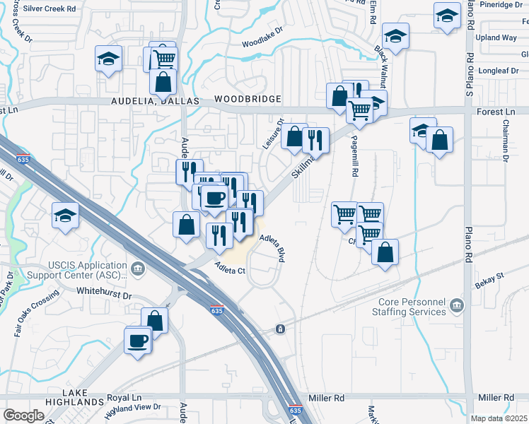 map of restaurants, bars, coffee shops, grocery stores, and more near 9352 Skillman Street in Dallas