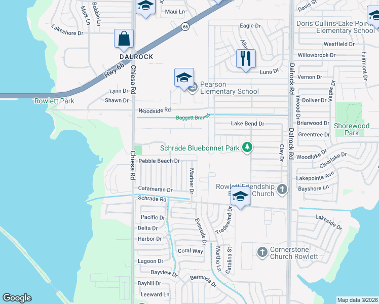 map of restaurants, bars, coffee shops, grocery stores, and more near 7806 Lindsey Drive in Rowlett