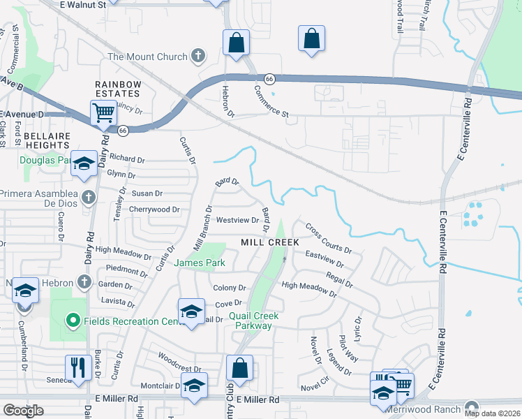 map of restaurants, bars, coffee shops, grocery stores, and more near 1366 Mill Wood Lane in Garland