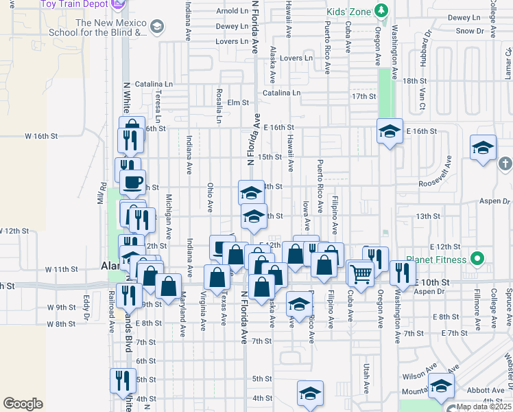 map of restaurants, bars, coffee shops, grocery stores, and more near 1300 North Florida Avenue in Alamogordo