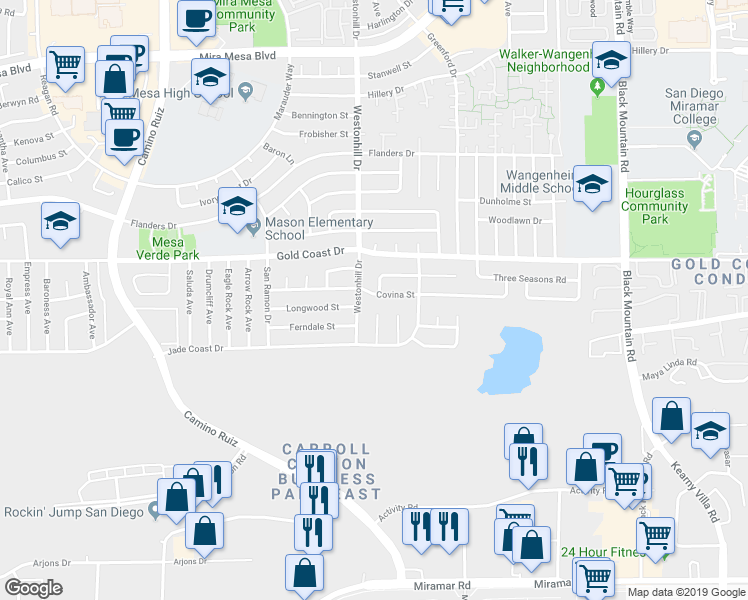 map of restaurants, bars, coffee shops, grocery stores, and more near 8777 Covina Street in San Diego