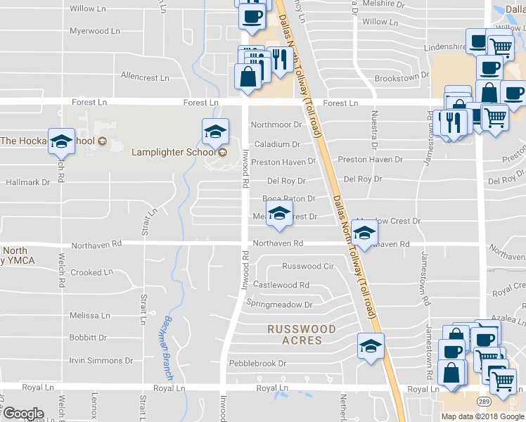 map of restaurants, bars, coffee shops, grocery stores, and more near 5225 Meadow Crest Drive in Dallas