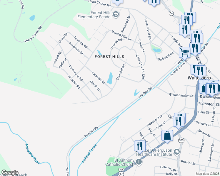 map of restaurants, bars, coffee shops, grocery stores, and more near 100 Camellia Drive in Walterboro